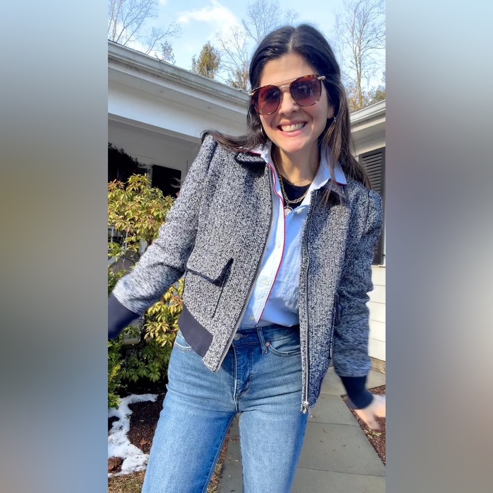 Women's Gray Tweed Bomber Jacket with Ribbed Trim